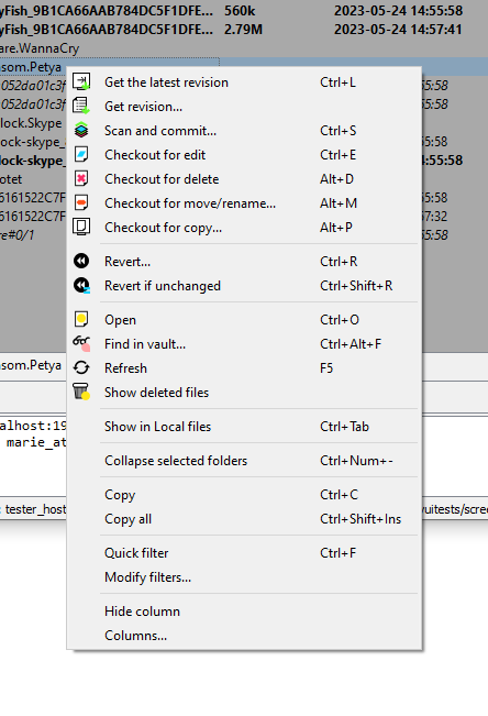 A typical context menu for "Vault files"